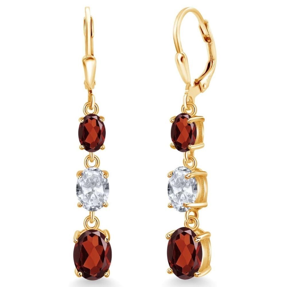 18K Yellow Gold with 6.14 Cttw 3 Stone Garnet and White Topaz Leverback Earrings